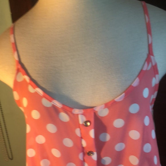B Jewel spaghetti strap pink&white polka dot sheer top/medium faux button front - Picture 2 of 12